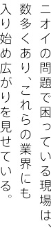 ニオイの問題で困っている現場は、数多くあり、これらの業界にも入り始め広がりを見せている。